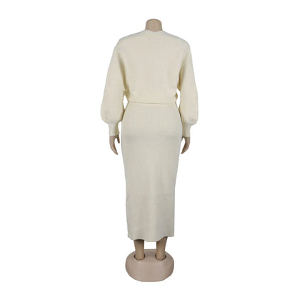 High Quality Elegant Knit Women 2 Piece Set Outfit Hollow Out Lantern Sleeve Crop Cardigan + Long Skirt Suit Streetwear