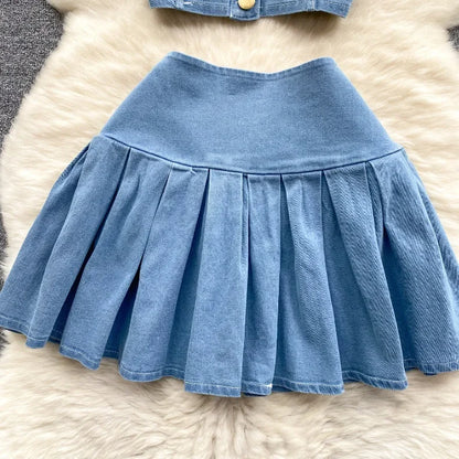 Denim Skirt Stets Two Pieces Sleeveless Tanks Top and Pleated Mini Skirt