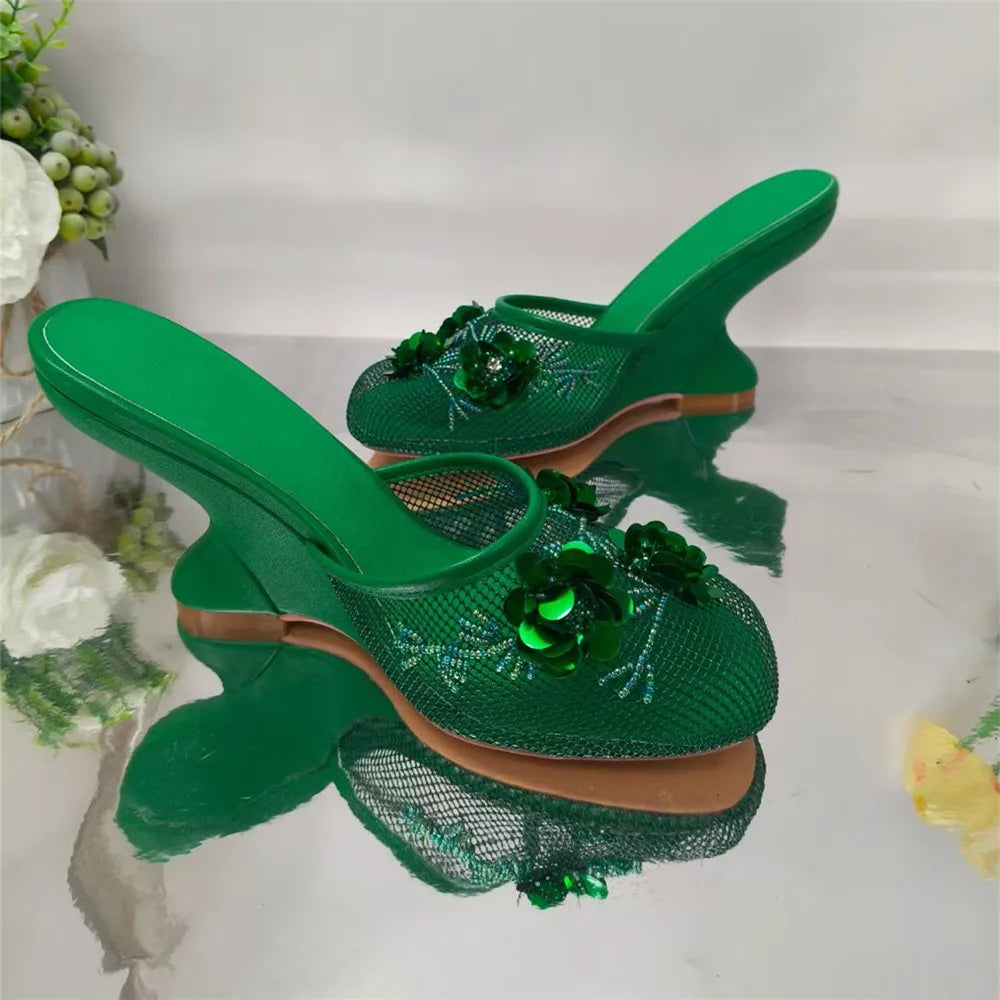 Women Summer Wedges Mesh Shoes Flower Round Toe Slip-On Hollow High Heeled sandals