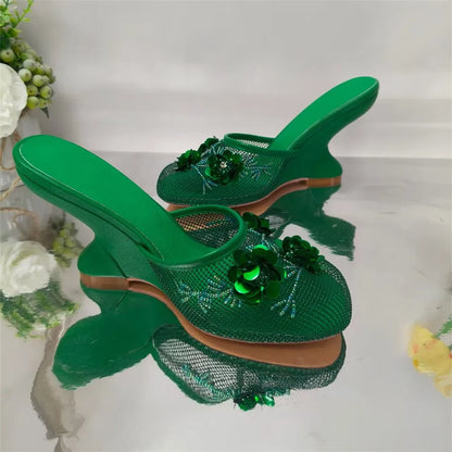 Women Summer Wedges Mesh Shoes Flower Round Toe Slip-On Hollow High Heeled sandals