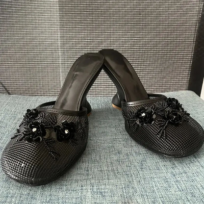 Women Summer Wedges Mesh Shoes Flower Round Toe Slip-On Hollow High Heeled sandals