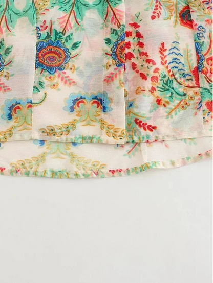 Women Vintage Totem Flower Print Pleated Puff Sleeve Blouse Breasted Shirt