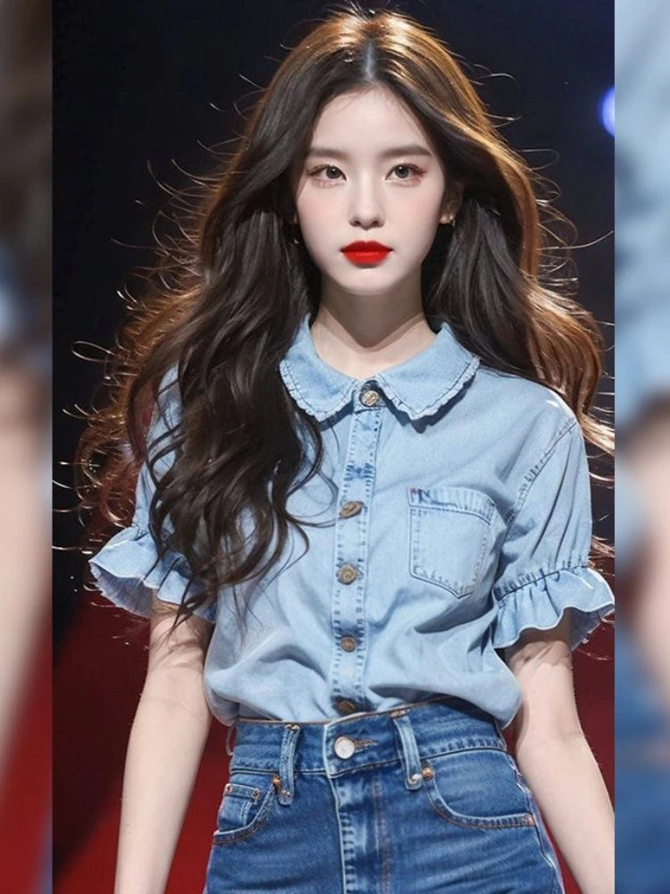 Women Blouse Peter Pan Collar Puff Sleeve Single Breasted Shirt