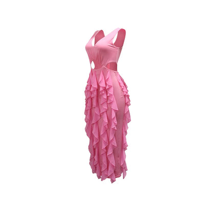 Wedding Guest Dress Women Sleeveless V-neck Ruffle Bodycon Midi Dress Birthday Outfit
