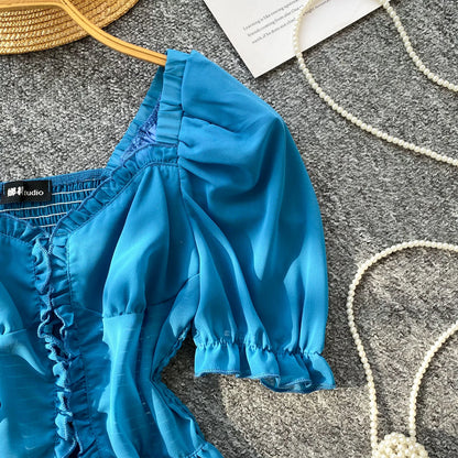 French Style Chiffon Blouse Square Neck Short Sleeves Ruffles Lace Up Beach Top