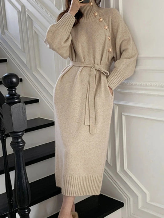 Vintage Turtleneck Buttons Long Sleeve Long Sweater Dress Winter Fashion