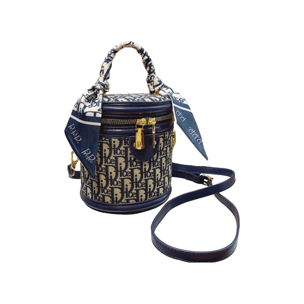 Lightweight Fabric Shoulder Bag, Blue/Black Letter Design, Detachable Strap & Scarf Bag