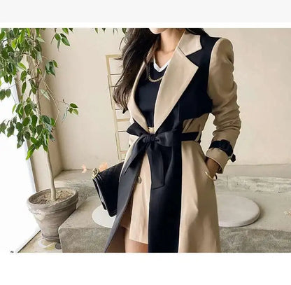 Contrast Full Sleeve Buttons Belted Women Long Trench Coats