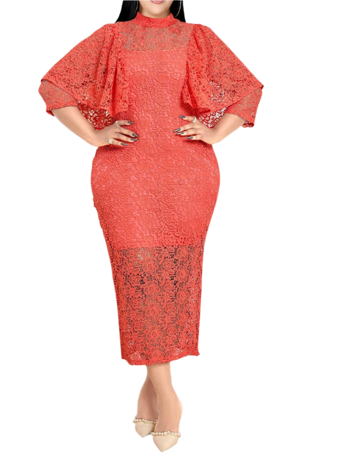Women Red Lace Long Dress Sexy Suspender Base Two-piece Set Elegant Lace Up Holiday Dress