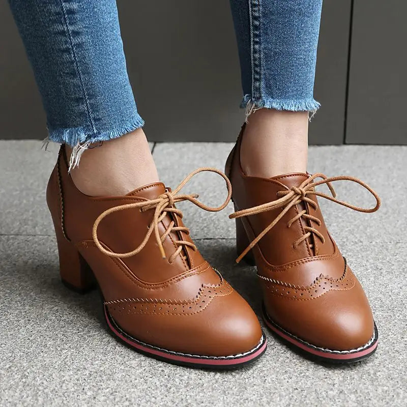 Pump Round Toe Chunky Heels 7.5cm Lace Up Plus Size 45 46 47 48 Office Shoes