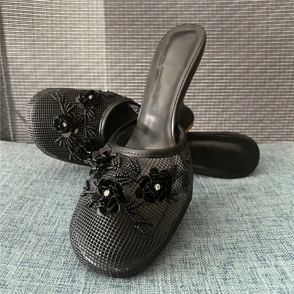 Women Summer Wedges Mesh Shoes Flower Round Toe Slip-On Hollow High Heeled sandals