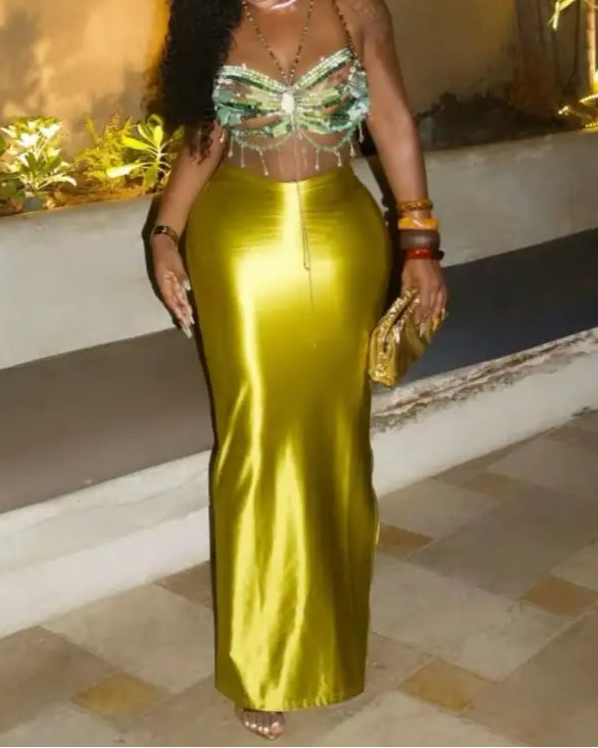 Shiny High Waist Hip Skirt Sexy Side Slit Bodycon Maxi Skirts Club Bottoms
