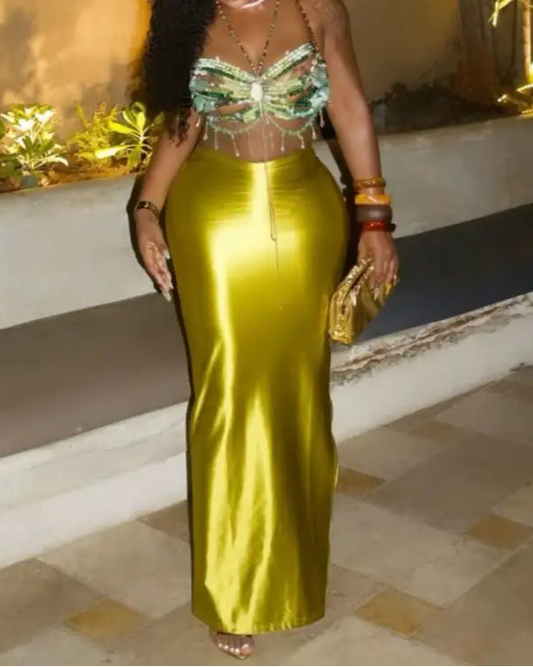 Shiny High Waist Hip Skirt Sexy Side Slit Bodycon Maxi Skirts Club Bottoms
