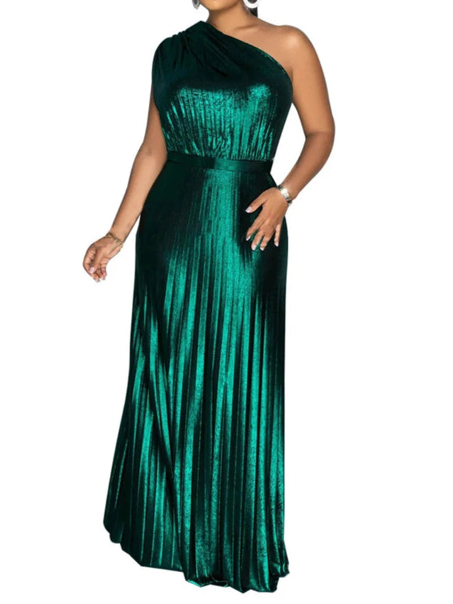 Metallic Golden One Shoulder Sleeveless Pleated A-Line Maxi Dress Elegant Cocktail Dress