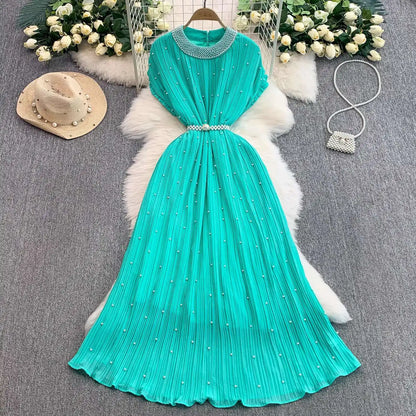 Summer Luxury Pearls Long Chiffon Dress For Women Loose Big Size Short Sleeve Crystal Birthday Evening Midi Pleated Dresses