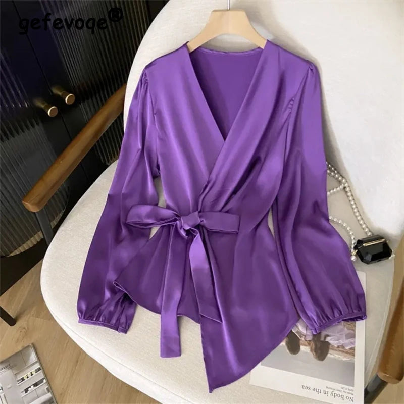 Lace Up Elegant Shirts Commute Long Sleeve Blouse Purple V Neck Slim Tops