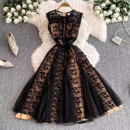 Solid Mesh Embroidery Dress Women's Sleeveless Round Neck Hollow Out Tulles Vestido
