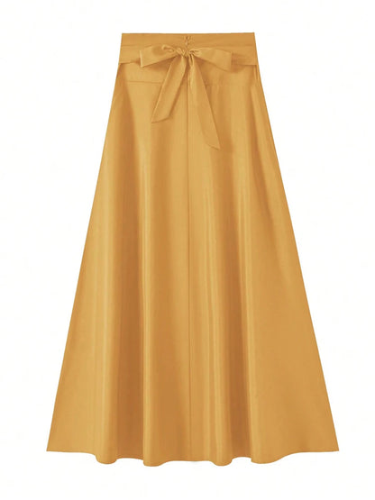 A-line Skirts for Woman High Elastic Waist Long Skirt Women With Bow Elegant Skirts