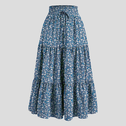 Women'S Boho Vintage Floral Print Maxi Skirt Elastic High Waist Pleated Flowy A Line Long Skirts
