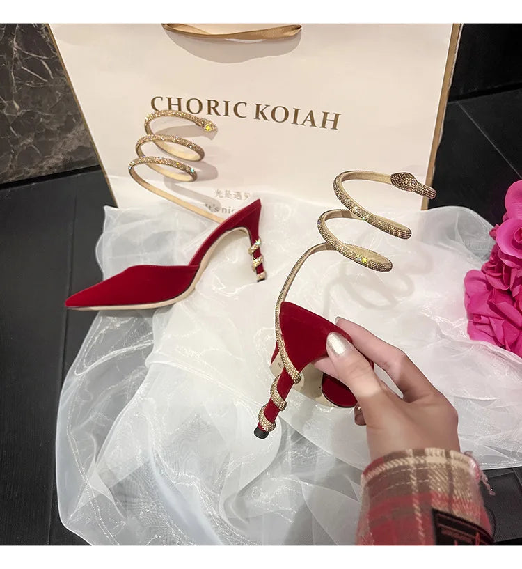 Women's Sexy Snake-Strap Rhinestone Suede Pointed High-heeled Wedding Shoes