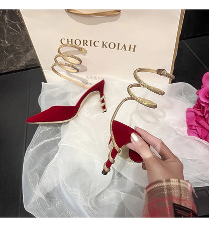 Women's Sexy Snake-Strap Rhinestone Suede Pointed High-heeled Wedding Shoes