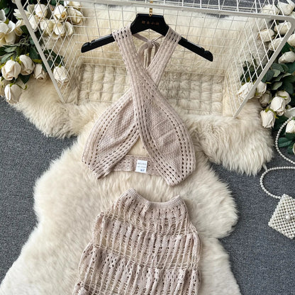 Hollow Out Female Beach Suits Fashion Cross Halter Camis+Split Long Skirt Two Piece Set Vacation Sets