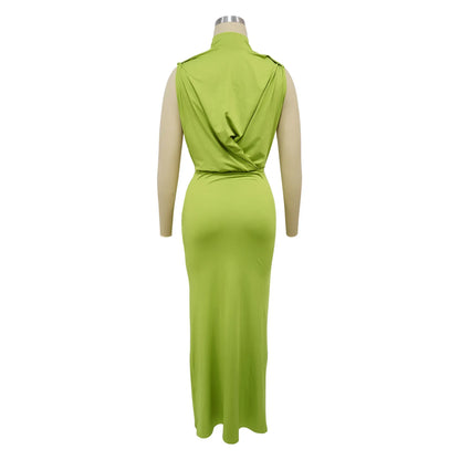 Women O-neck High Split Stacked Bodycon Maxi Dress Evening Party Club Dress