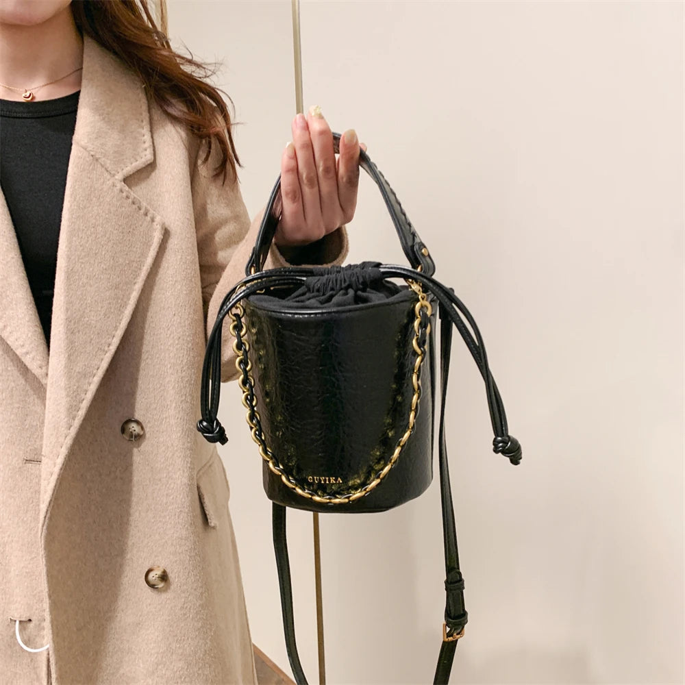 Retro Bucket Crossbody Bags For Women Oil-waxed Leather 2-IN-1 Chain Shoulder Bag