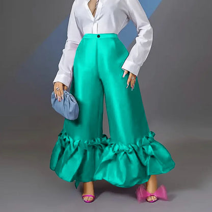 Women Pants High Waist Flare Pants Slim Fit Sexy Solid Ruffles Loose Casual Regular Wide Leg Long Trousers