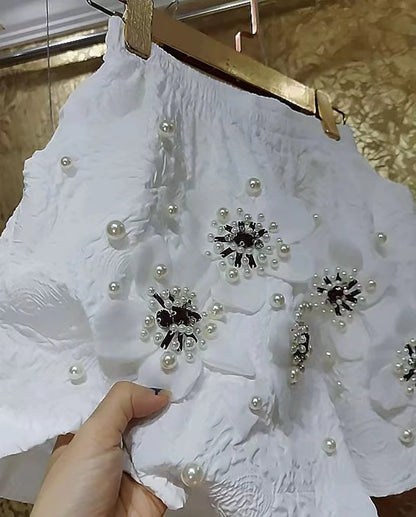 Luxury Style Pearls Beaded 3D Flower Wide Leg Shorts Women's Short Pants Elastic Waist
