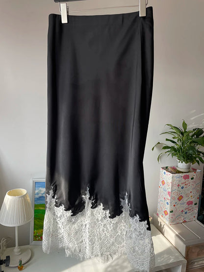 Fairy Lace-Trim Satin Midi Skirt High Waist Elegant Wrapped Hip Long Skirts