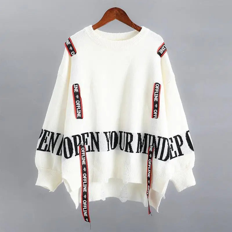 Style Letter Spliced Jumpers Ladies Loose Casual All-match Knitted Pullover Y2k Sweater