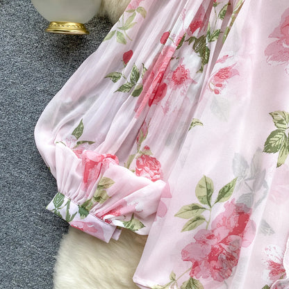 Floral Print Loose Shirt Women Lantern Sleeve V Neck Thin Causal Ruffle Blouse
