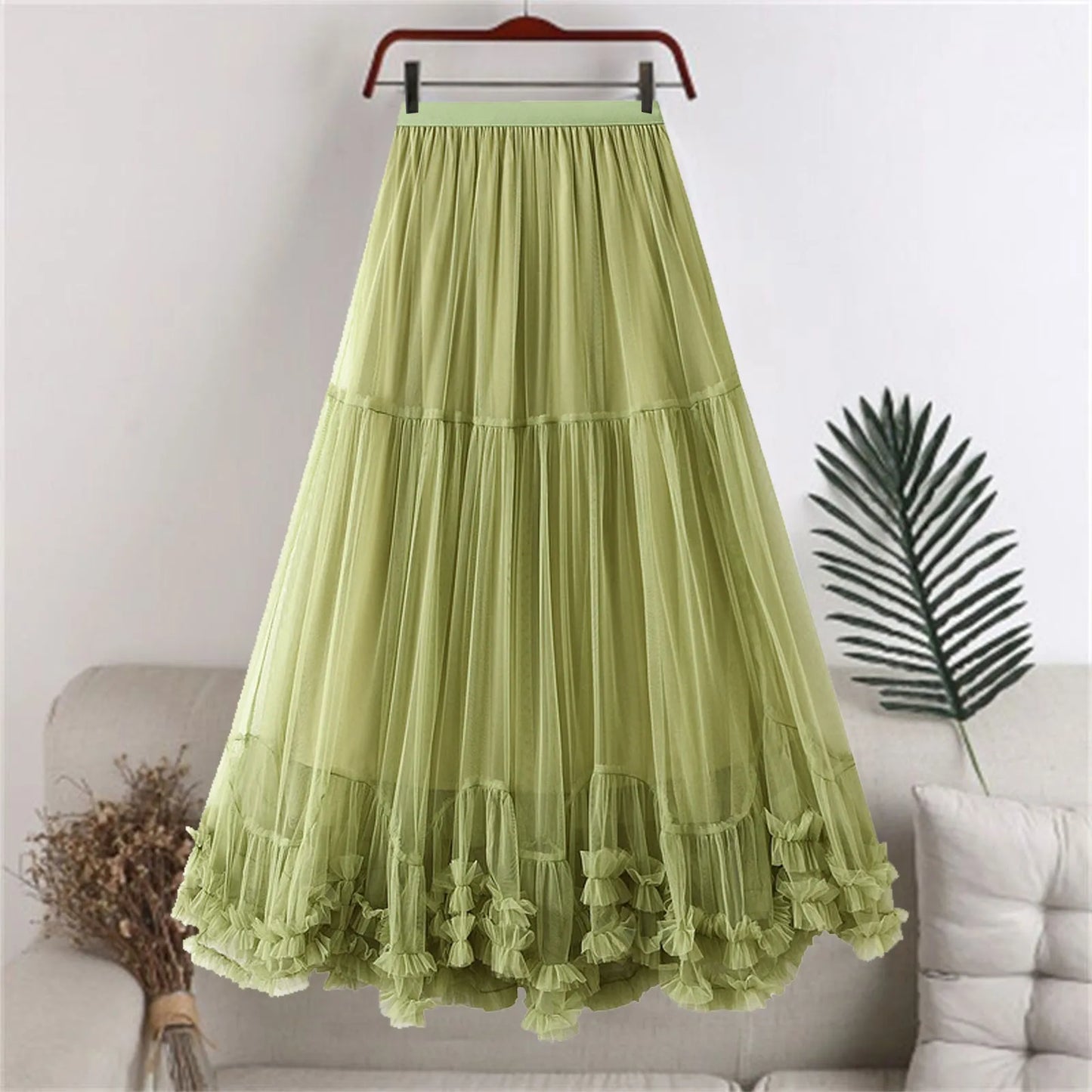 Skirts For Women Ladies A Line Layered Tulle Elastic Waist Midi Length High Waist Solid Mesh Skirt