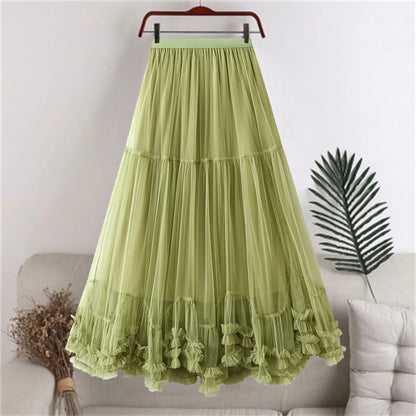 Skirts For Women Ladies A Line Layered Tulle Elastic Waist Midi Length High Waist Solid Mesh Skirt