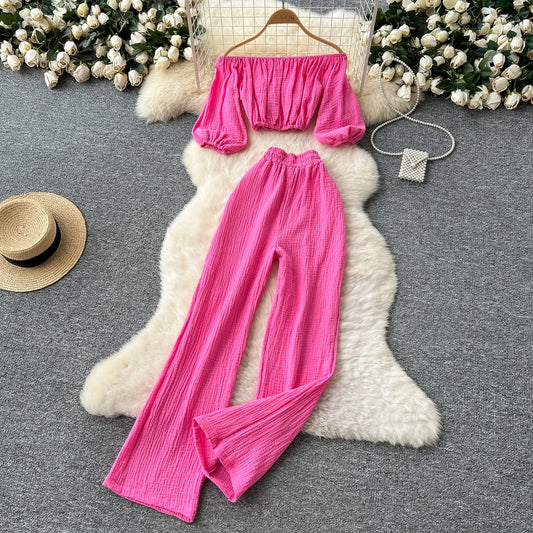 Women Two Piece Sets Lantern Sleeve Off Shoulder Crop Top + High Waist Pants