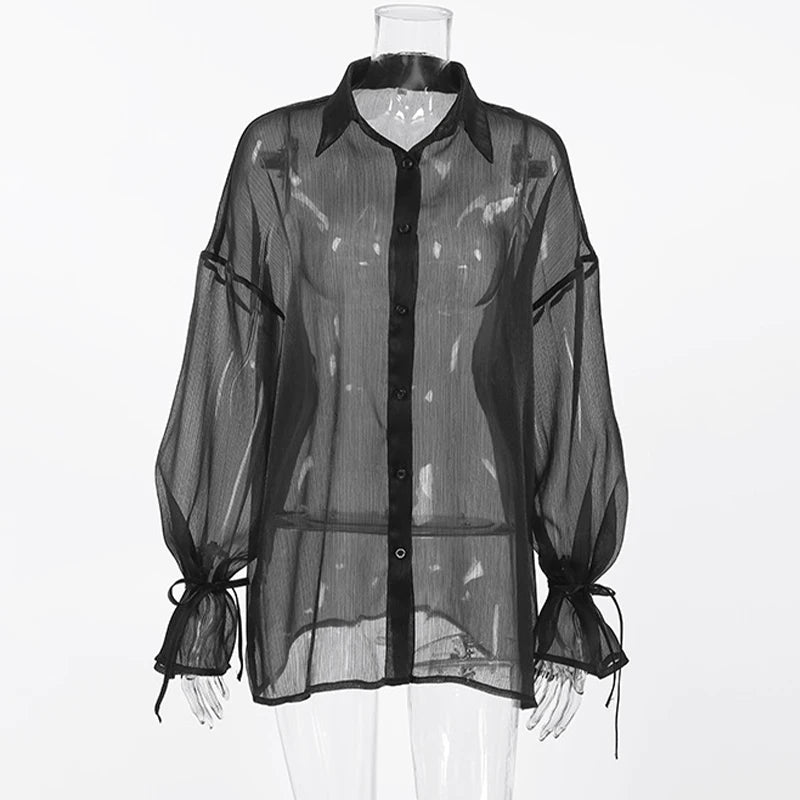 Sexy Transparent Shirt Women Blouse Loose Turn-down Collar Flare Sleeve Lace-up Shirt Top