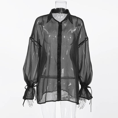 Sexy Transparent Shirt Women Blouse Loose Turn-down Collar Flare Sleeve Lace-up Shirt Top