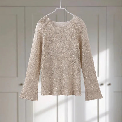 Sequins Hollow Out Pullovers Women Loose O-neck Long Sleeve Knit Sweaters