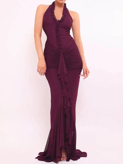 Halter V Neck Backless Sexy Maxi Dress Women Evening Gown Ruffle Dress