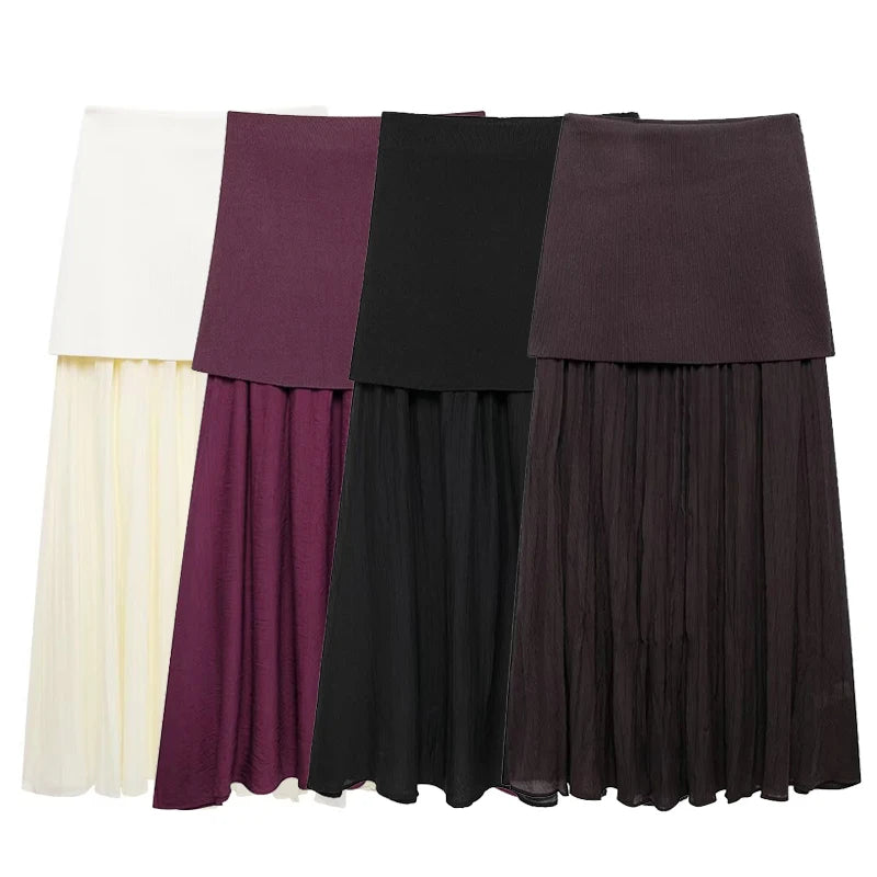 Knitted Patchwork Pleated Side Zipper Midi Skirt Vintage High Waist Female Chic Lady Skirts