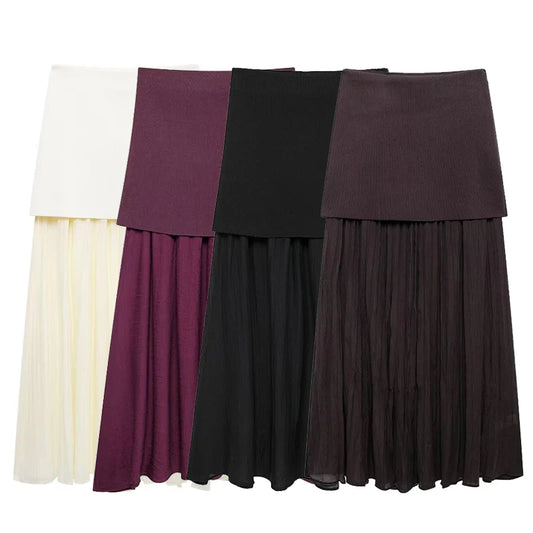 Knitted Patchwork Pleated Side Zipper Midi Skirt Vintage High Waist Female Chic Lady Skirts