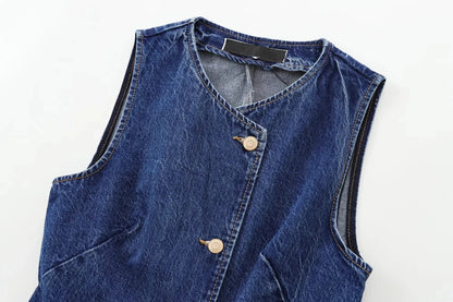 Women's Short Vest Blue Denim Vest Top Casual Cropped Sleeveless Top