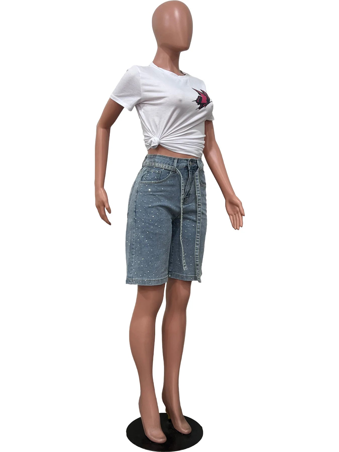 Women Denim Summer Shorts Diamonds Elasticity Denim Shorts With Belt