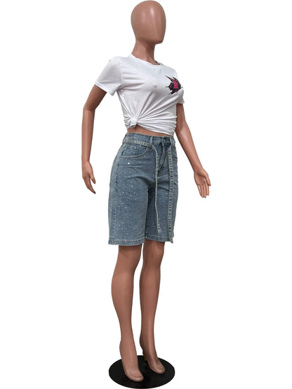 Women Denim Summer Shorts Diamonds Elasticity Denim Shorts With Belt