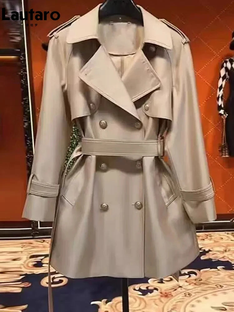 Autumn Khaki Satin Trench Coat for Women British Style Belted Double Breasted Coat