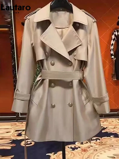 Autumn Khaki Satin Trench Coat for Women British Style Belted Double Breasted Coat
