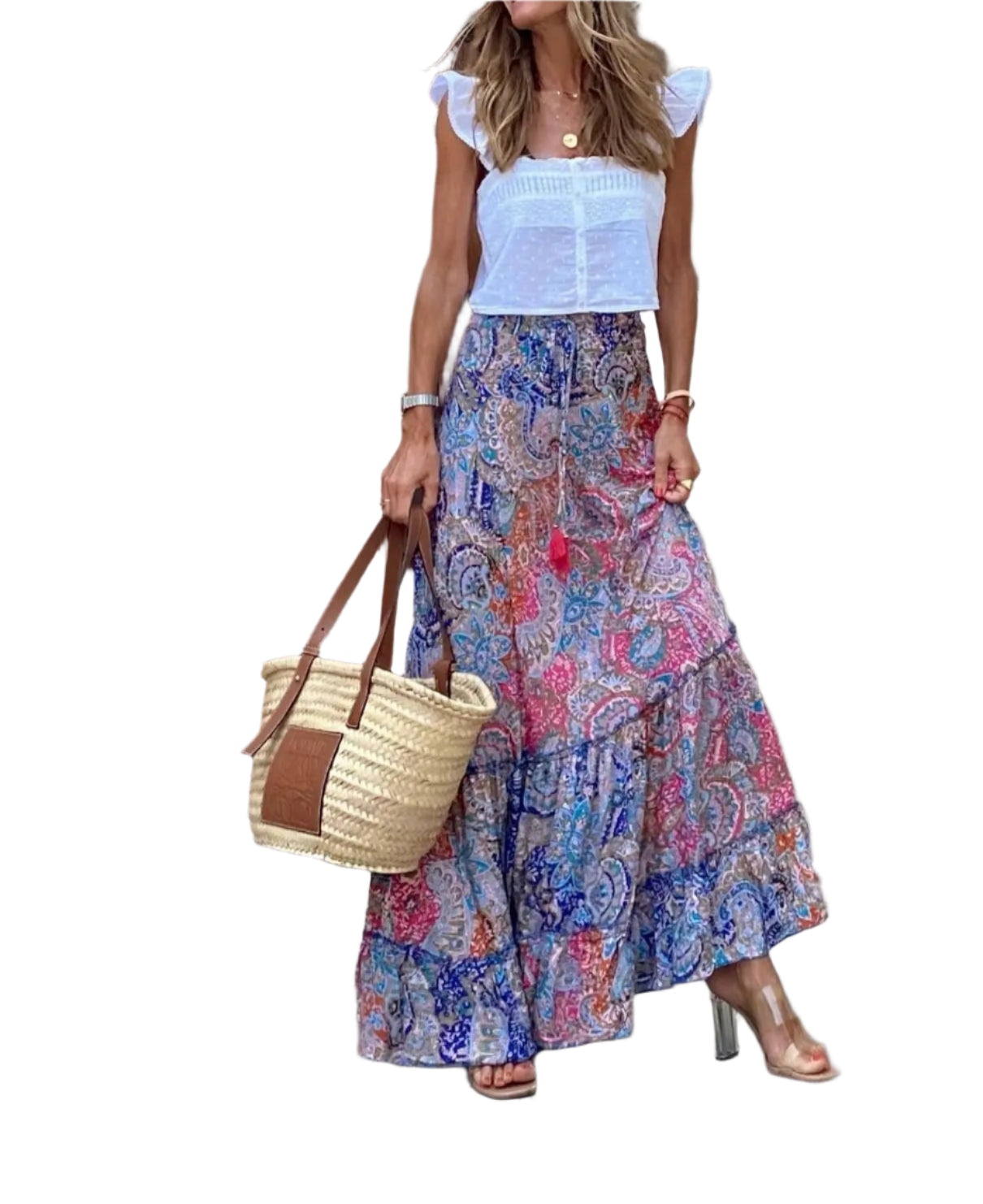 Bohemian Style Printed A-line Skirt Women Fashion Beach Vacation Loose Drawstring Ruffles Skirts Female  Summer New Streetwear