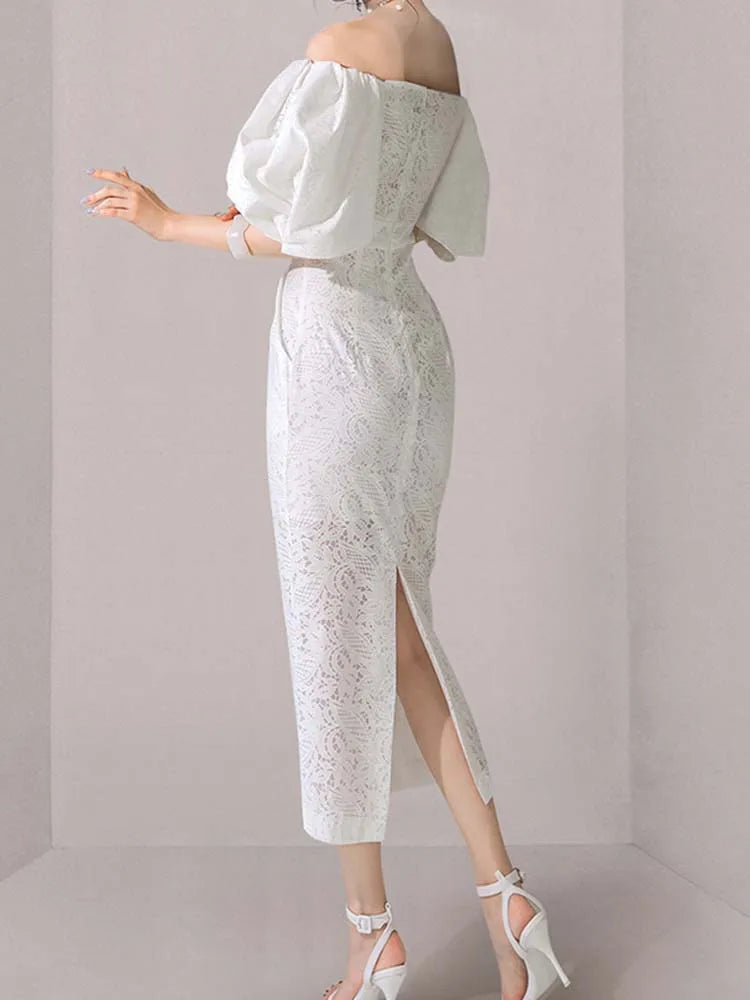 Women's White Midi Dress Elegant Lace One-Piece Collar Lantern Sleeve Hip Hugging Dress