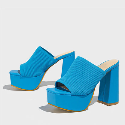 Knitted Platform Slippers Chunky High Heels Women Peep Toe High Heel Slippers